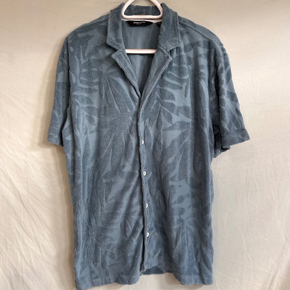Kenneth Cole New York Mens Terry Cloth Leaf Camp Shirt Blue Grey Large